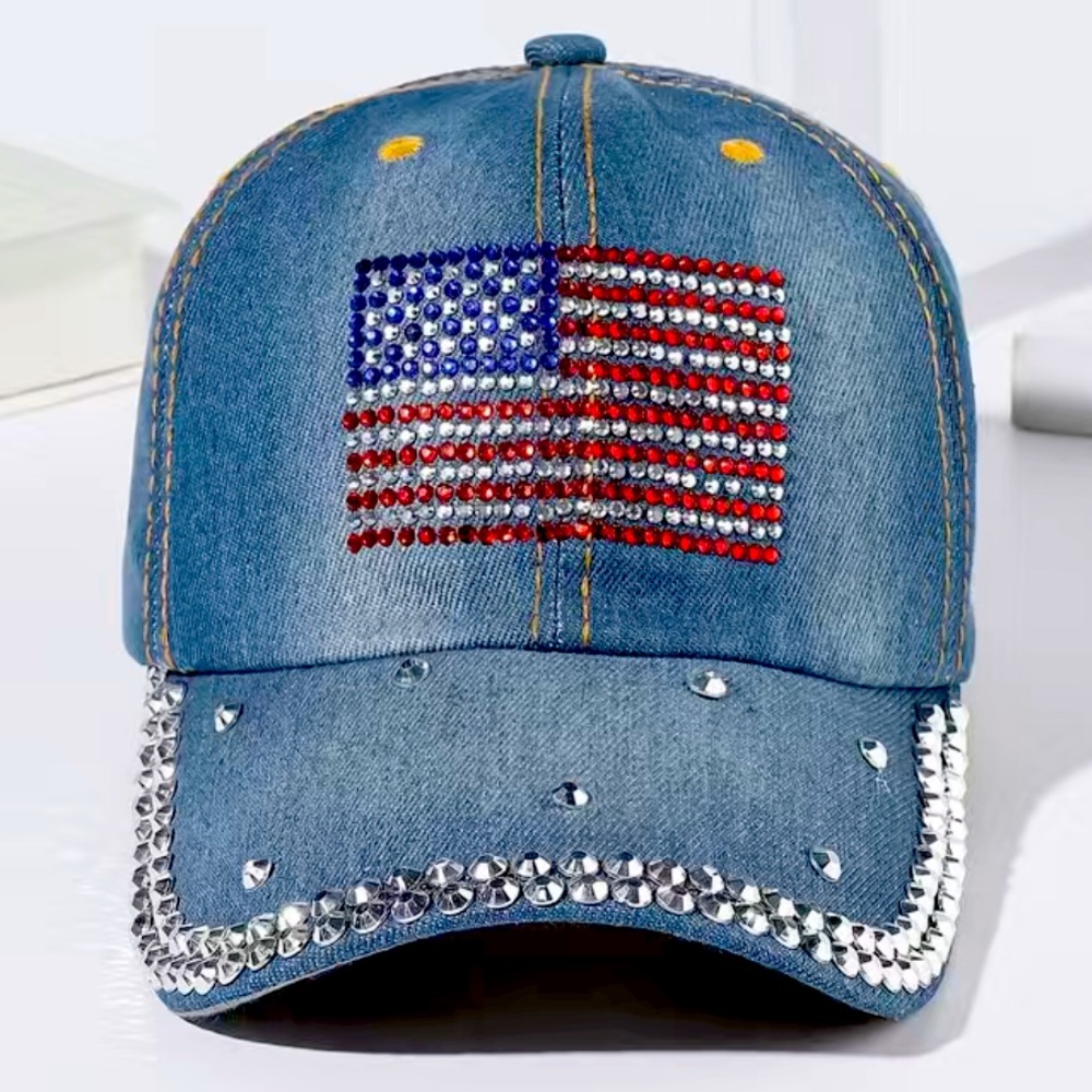 Patriotic USA Flag Rhinestone Denim Baseball Cap
